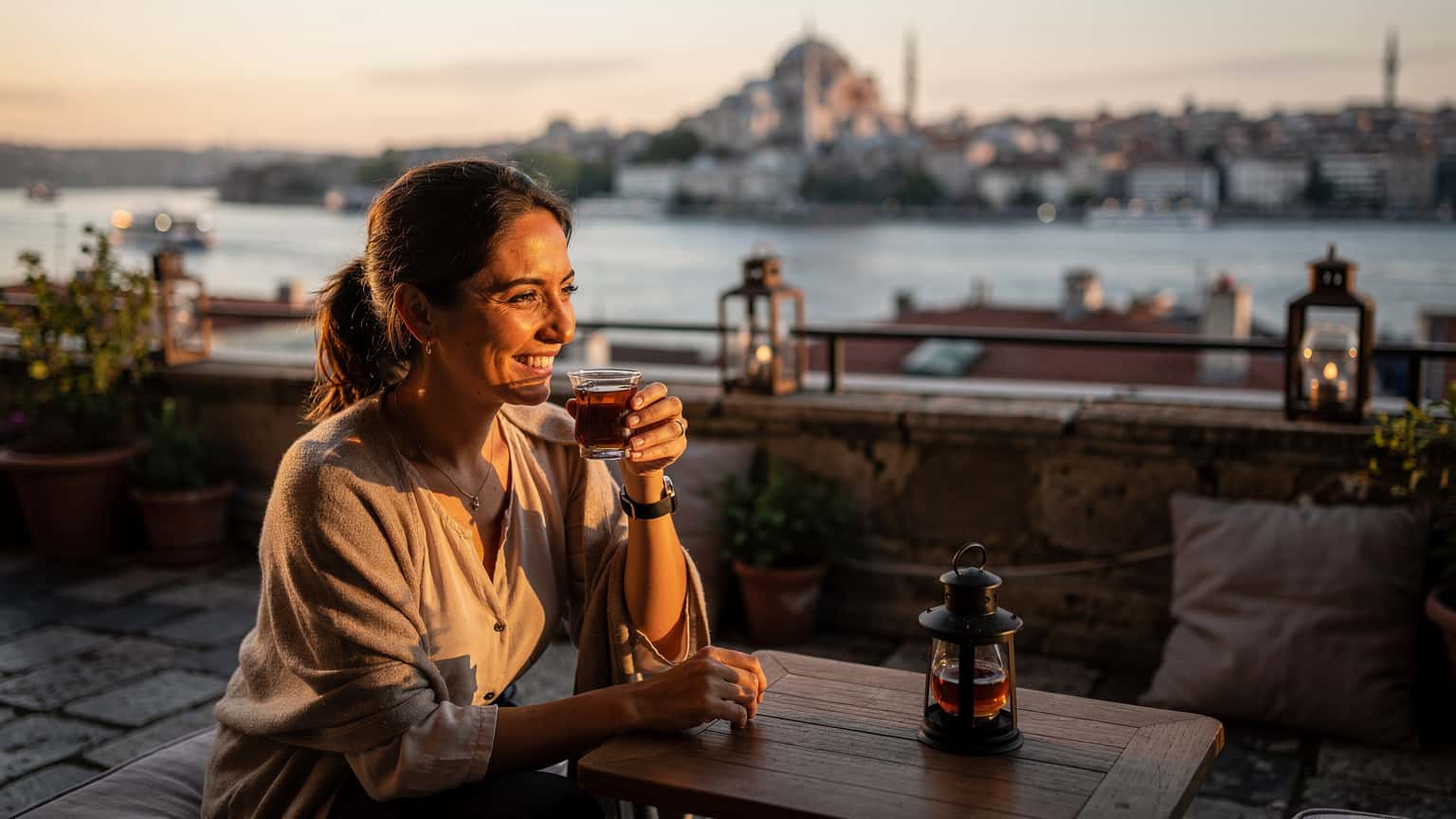 Una donna sorride mentre sorseggia un tè turco sul tetto di un edificio nel quartiere di Karaköy, Istanbul, con una vista mozzafiato sul Bosforo al tramonto.