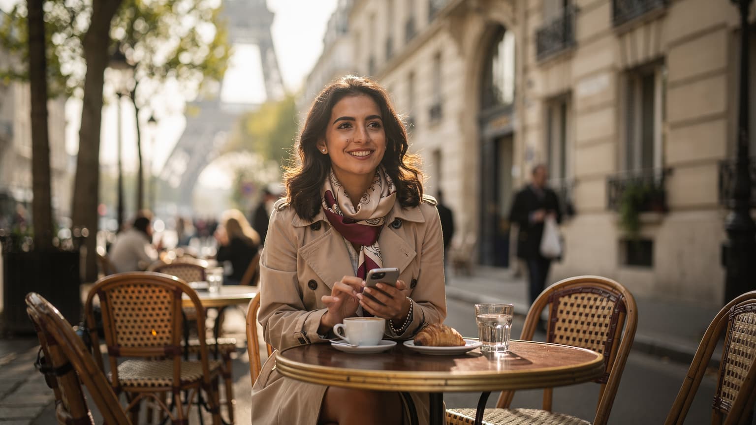 Una giovane donna italiana sorride mentre tiene il suo smartphone con un'icona eSIM visibile sullo schermo, seduta a un caffè all'aperto con vista sulla Torre Eiffel a Parigi, in una mattina di sole.