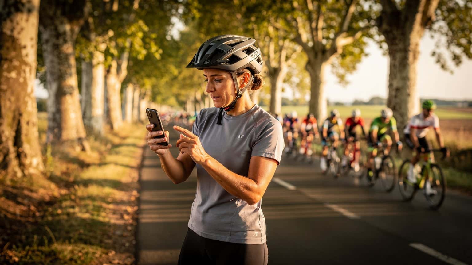 Een vrouw met een fietshelm op, die aandachtig op haar smartphone kijkt terwijl ze langs een Franse landweg staat, met een peloton wielrenners op de achtergrond. De zon schijnt door de bomen en creëert lange schaduwen.