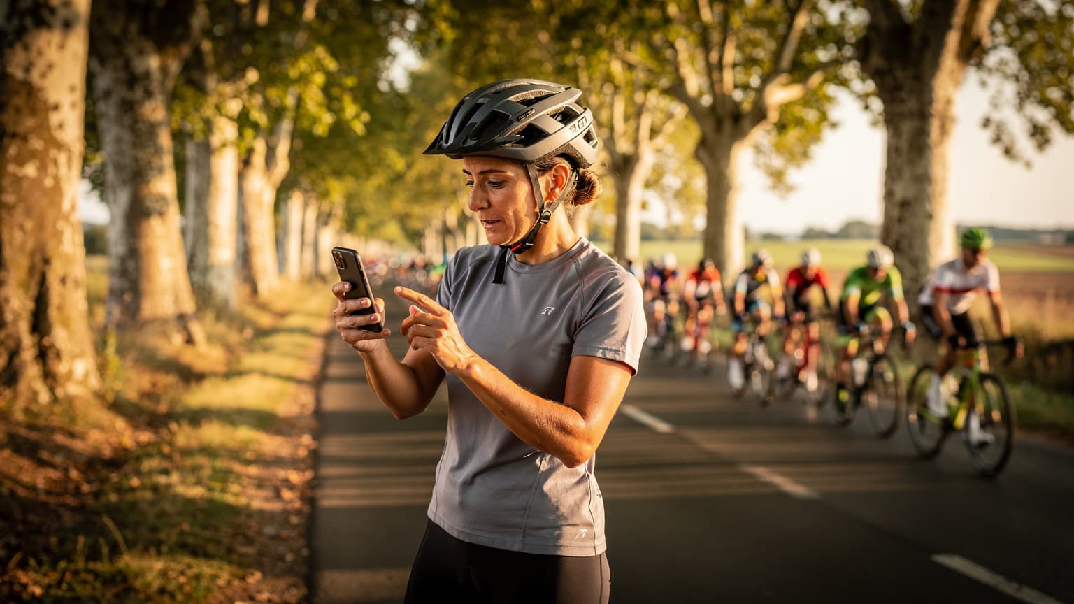Een vrouw met een fietshelm op, die aandachtig op haar smartphone kijkt terwijl ze langs een Franse landweg staat, met een peloton wielrenners op de achtergrond. De zon schijnt door de bomen en creëert lange schaduwen.