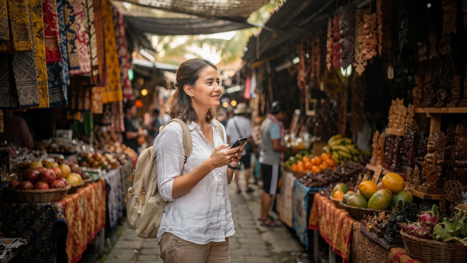 A traveler uses her phone to navigate a bustling street market in Ubud, Bali, surrounded by vibrant fabrics and fresh produce.
