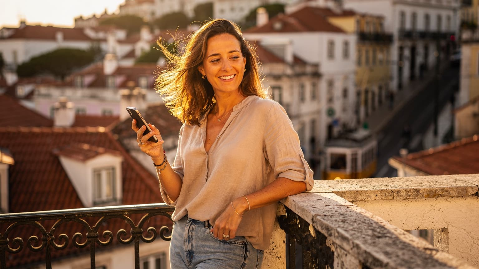Une femme souriante, les cheveux au vent, vérifie son téléphone sur un balcon ensoleillé surplombant les toits rouges de Lisbonne, un tramway jaune passant en arrière-plan.