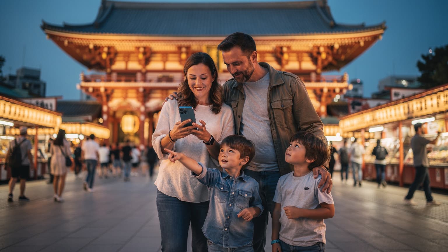 Eine Familie mit zwei Kindern, die vor dem beleuchteten Sensoji-Tempel in Tokio steht, während die Mutter auf ihrem Smartphone eine eSIM aktiviert.