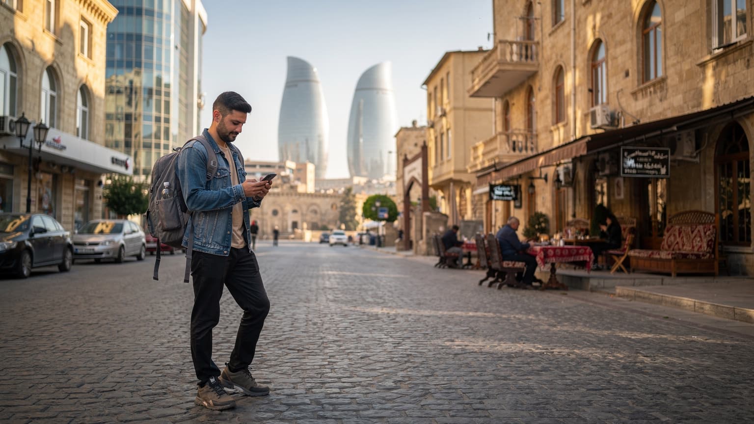 Bakü'nün modern mimarisi ile geleneksel dokusunun birleştiği bir sokakta, bir gezginin elinde akıllı telefonuyla yol tarifi baktığı an.