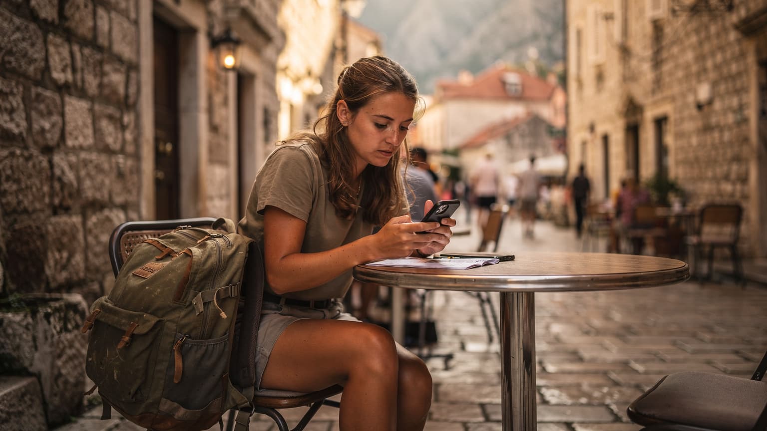 Een reiziger met een rugzak kijkt op haar telefoon naar een kaart van de Balkan, terwijl ze op een terras in Kotor, Montenegro zit met de oude stadsmuren op de achtergrond.