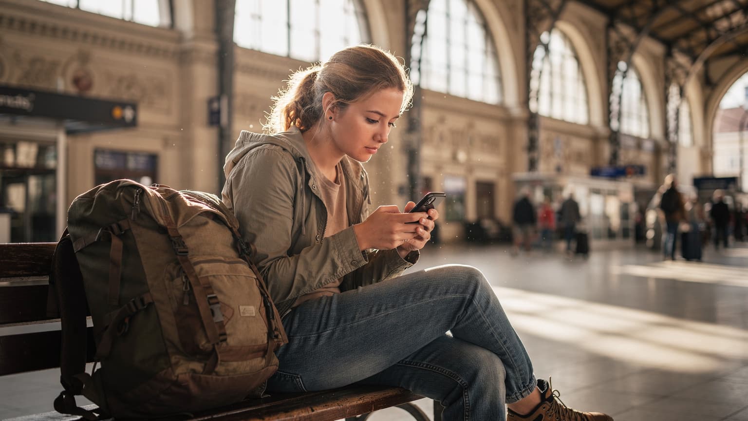 Een jonge backpacker zit op een treinstation in Boedapest, concentreert zich op haar telefoon, kijkt naar de eSIM-installatie-instructies terwijl haar rugzak naast haar ligt.