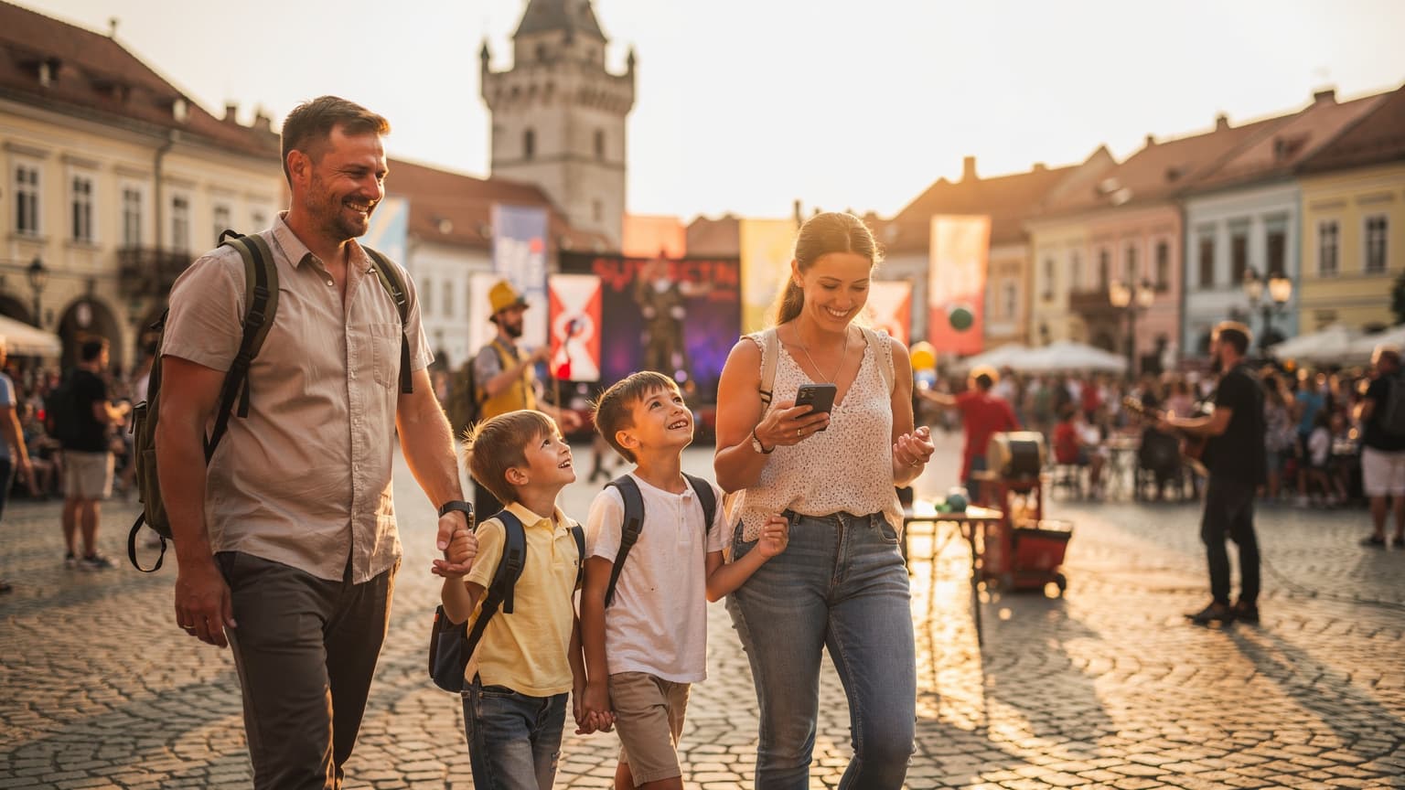 O familie zâmbitoare, părinți și doi copii, se plimbă pe străzile pietruite din centrul istoric al Sibiului, cu turnul Consiliului pe fundal, în timpul Festivalului Internațional de Teatru de la Sibiu 2026.