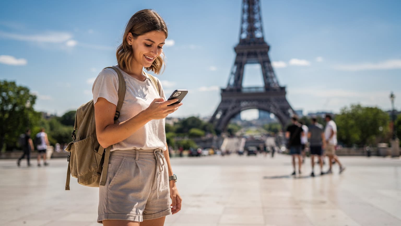 Seorang wanita backpacker muda tersenyum menggunakan ponselnya di depan Menara Eiffel di Paris, dengan latar belakang langit biru cerah.