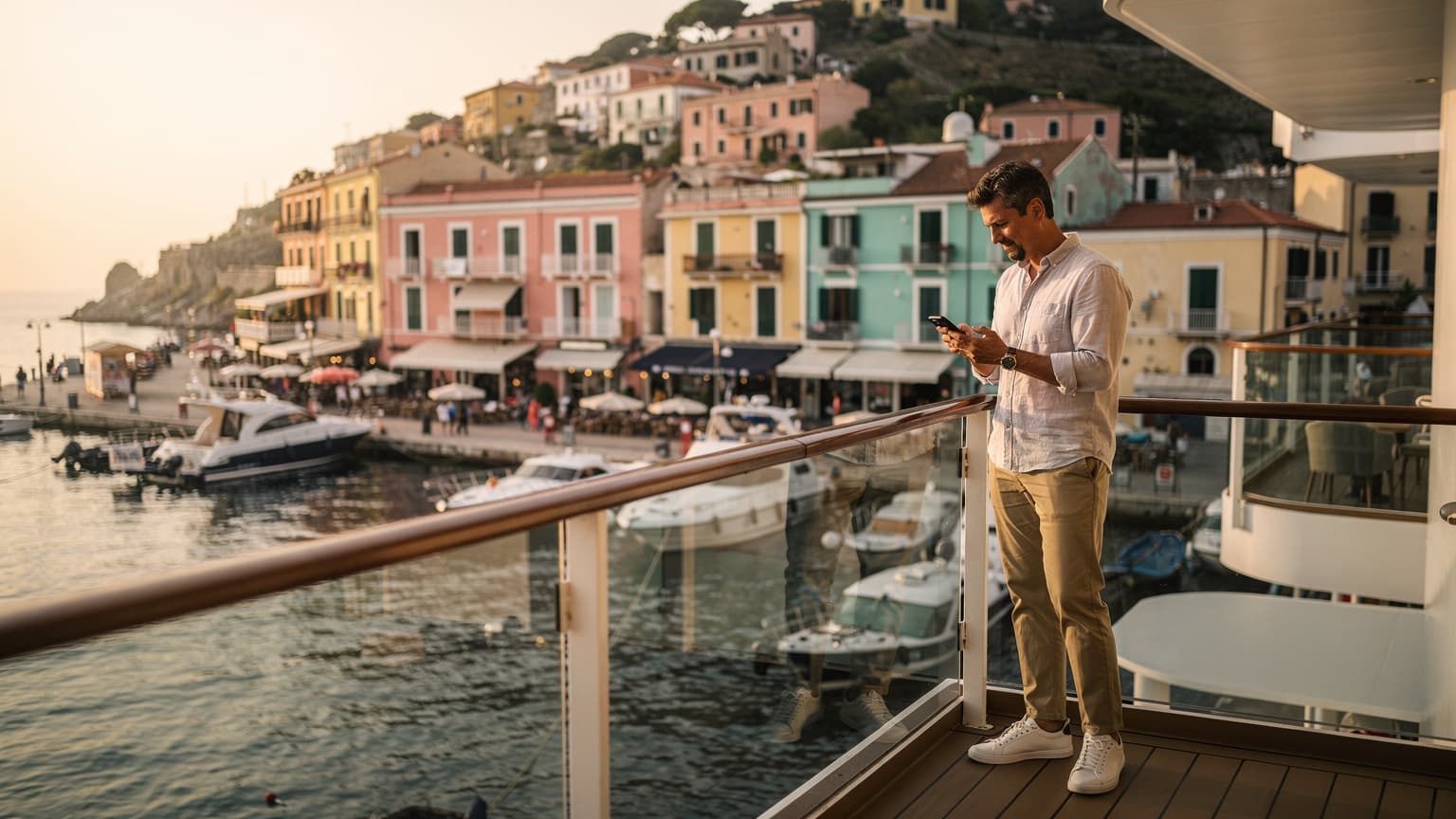 A person on a cruise ship balcony, overlooking a picturesque port town with colorful buildings and a bustling waterfront, while casually checking their smartphone.