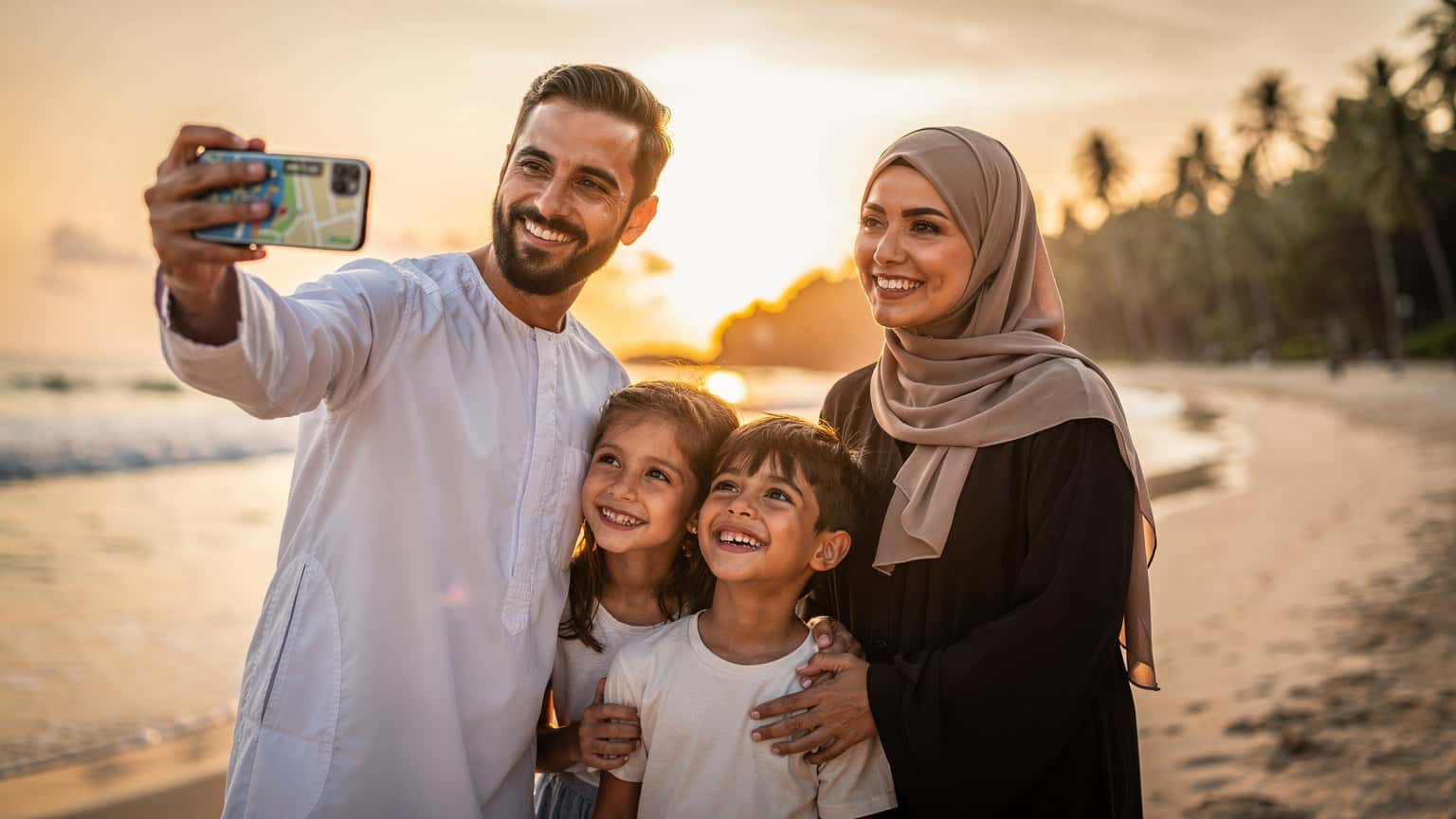 عائلة خليجية سعيدة تلتقط صورة سيلفي على شاطئ لانكاوي في ماليزيا عند غروب الشمس، مع هاتف ذكي يعرض خريطة رقمية.
