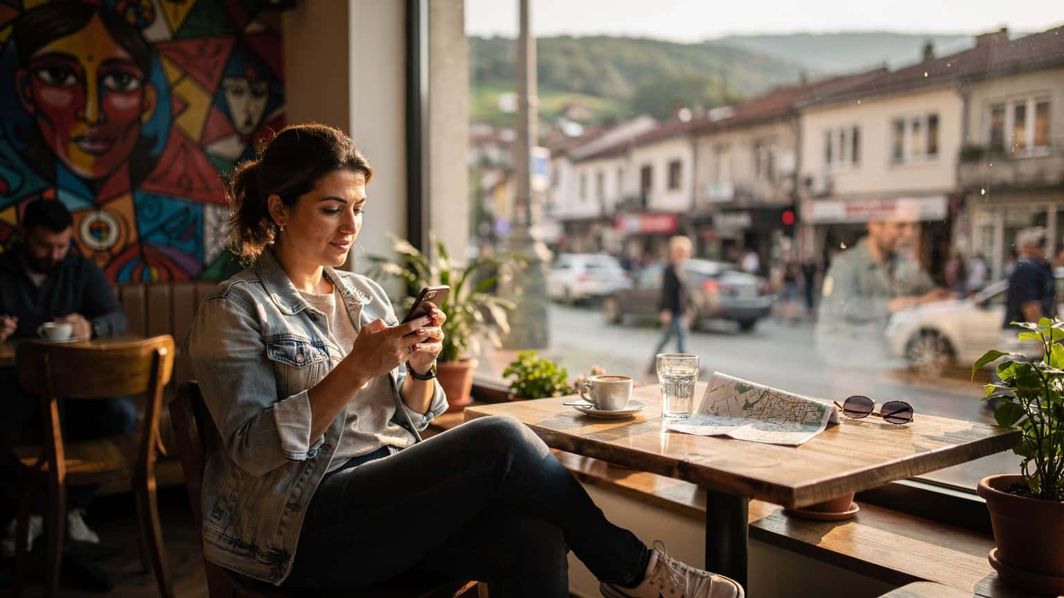 Eine Frau sitzt entspannt in einem Café im Viertel Bregu i Diellit in Pristina, Kosovo, ihr Smartphone liegt auf dem Tisch neben einer Tasse Kaffee, während sie eine digitale Karte betrachtet.