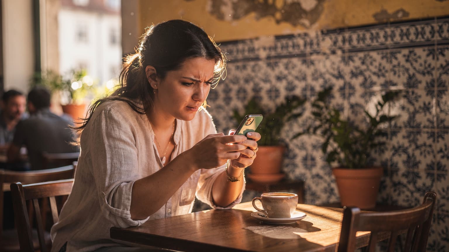 Uma pessoa sentada em uma cafeteria movimentada em Lisboa, Portugal, olhando atentamente para seu smartphone com um copo de café ao lado, um mapa dobrado na mesa e uma mochila de viagem por perto.