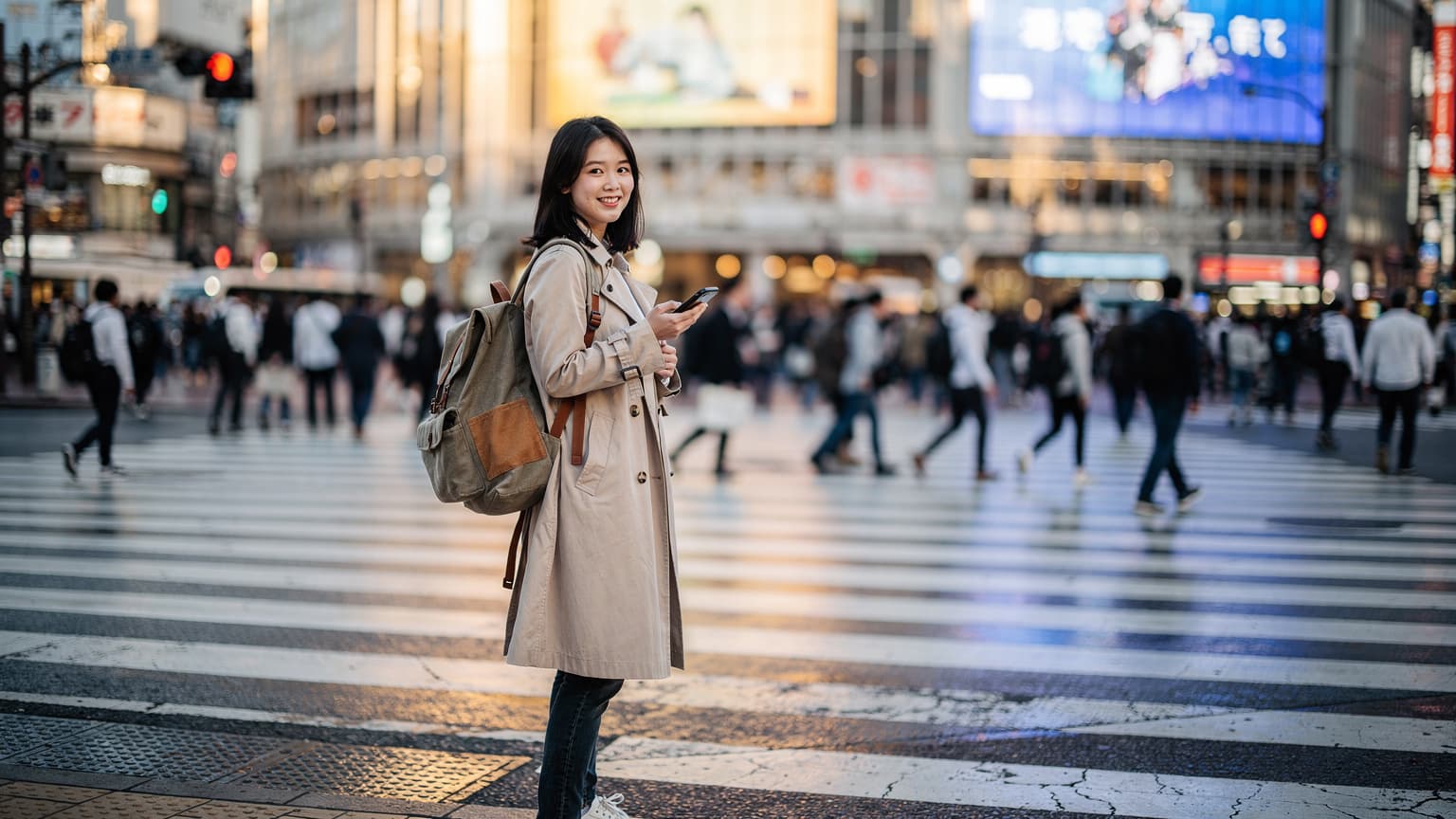 一位年轻的中国女性游客在东京涩谷十字路口, 拿出手机查看地图, 周围是熙熙攘攘的人群和闪烁的霓虹灯。