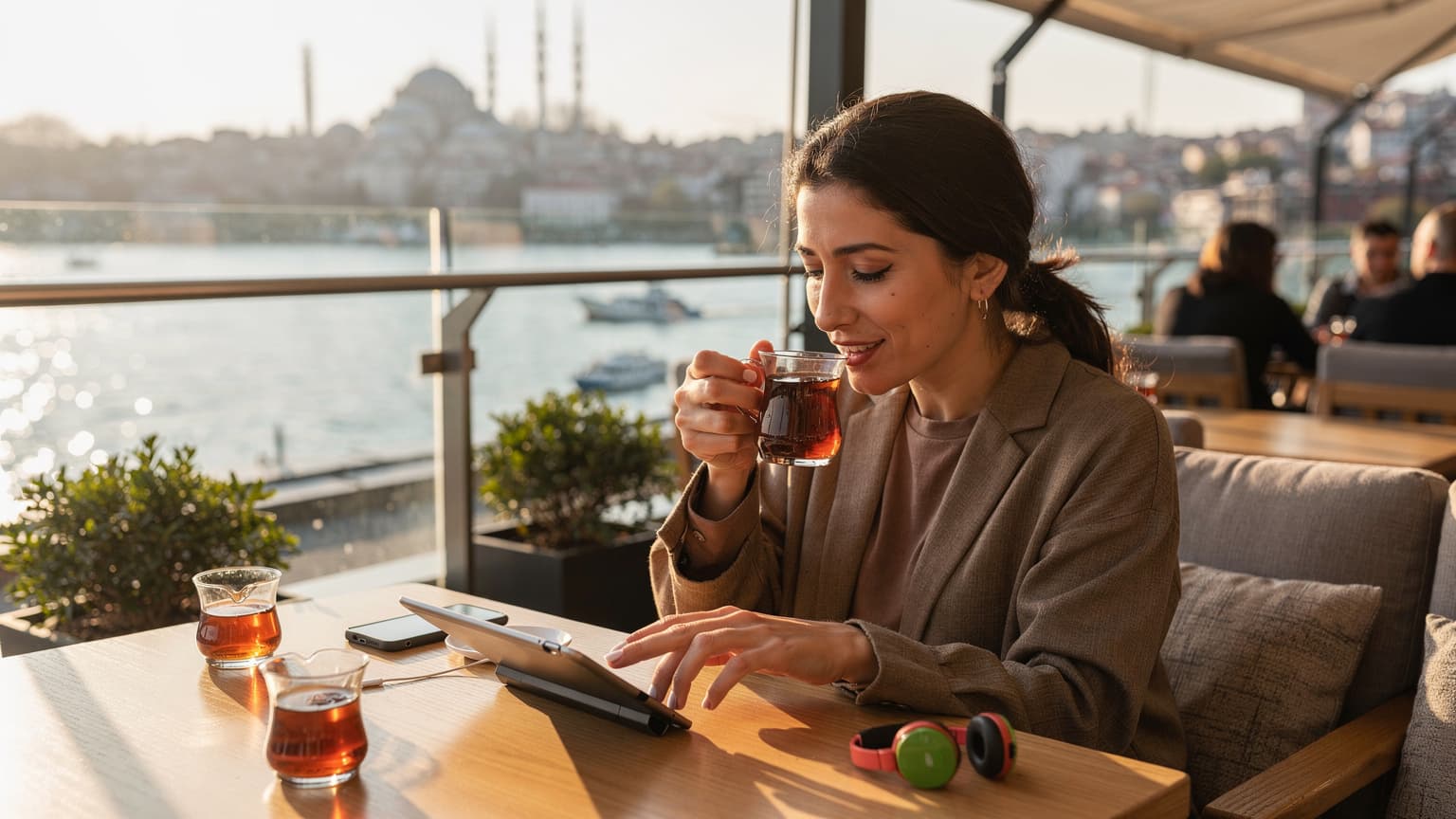 İstanbul'daki bir otelin çatı katında, Boğaz manzarasına karşı, bir aile annesi kahvesini yudumlarken tabletindeki internet bağlantı ayarlarını kontrol ediyor.