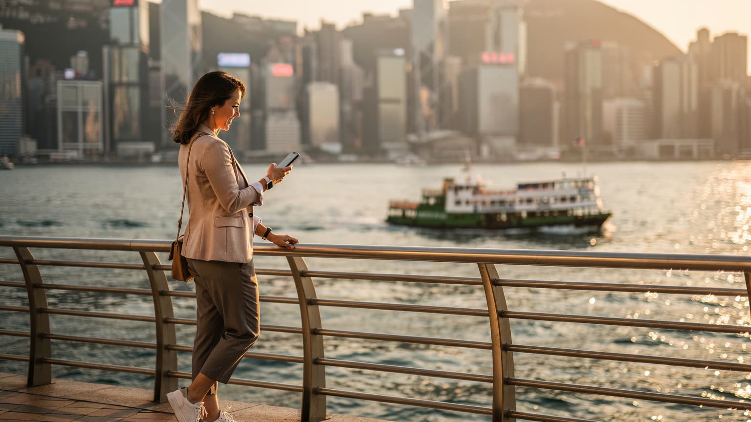 一位旅客在香港维多利亚港湾边使用手机,背景是香港岛的摩天大楼和繁忙的渡轮,阳光洒在水面上。
