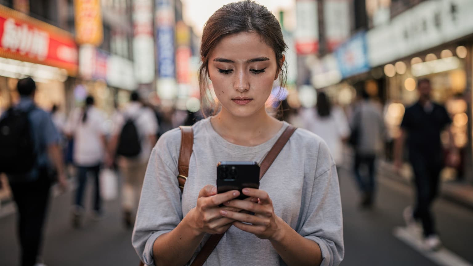 Eine Person hält ein Smartphone in der Hand und tippt auf dem Bildschirm, während sie auf einer belebten Straße in Tokio in der Nähe des Bahnhofs Shinjuku steht, umgeben von geschäftigen Passanten und leuchtenden Anzeigetafeln.