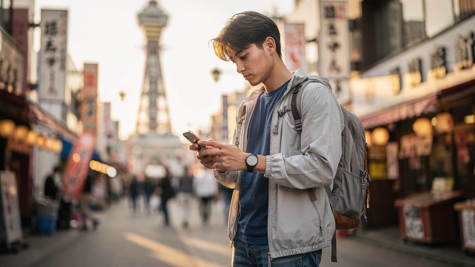 大阪の賑やかな新世界地区の通天閣を背景に、旅行者がiPhoneでeSIMを設定している様子。