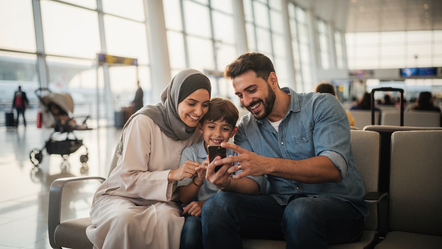عائلة سعودية سعيدة، أب وأم وطفلان، ينظرون إلى هاتف ذكي في أيديهم، يخططون لرحلتهم القادمة في مطار الملك خالد الدولي بالرياض، مع حقائب سفر وعربة أطفال، في إضاءة ناعمة من نافذة المطار الكبيرة.