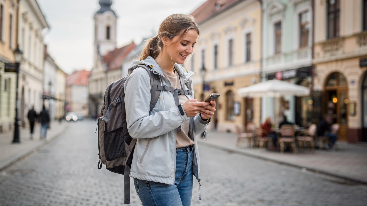 O tânără călătoare zâmbește în fața unui peisaj urban modern din Cluj-Napoca, ținând un smartphone în mână, verificând notificările.