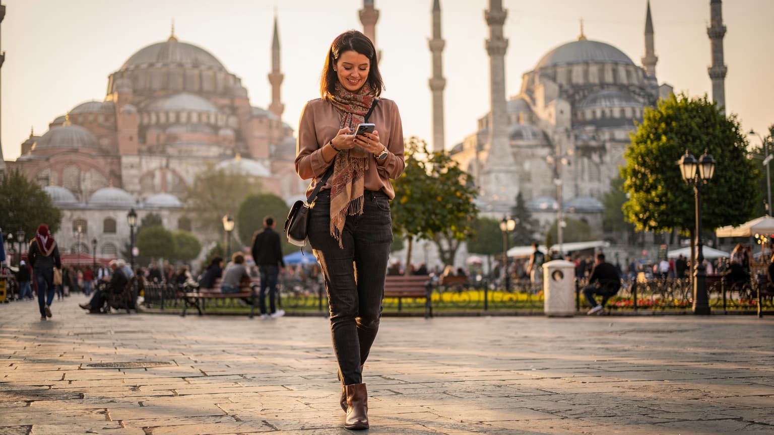 İstanbul'un Sultanahmet Meydanı'nda, Ayasofya ve Sultanahmet Camii arasında yürüyen bir kadın elindeki akıllı telefonuna bakıyor, hafif gülümseyerek bağlantının keyfini çıkarıyor.