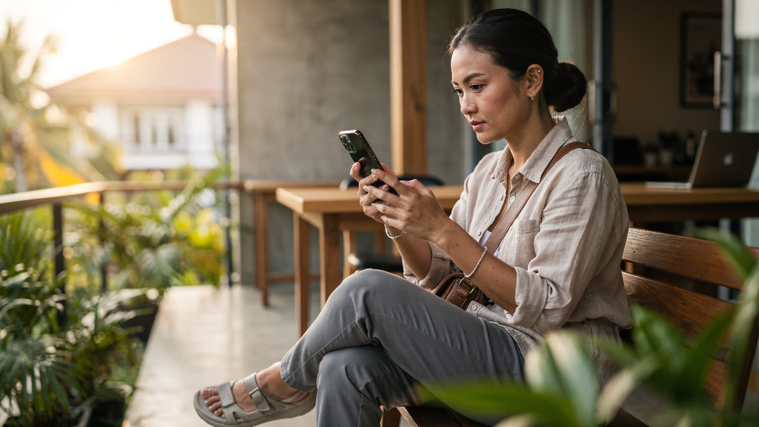 หญิงสาวชาวไทยกำลังตรวจสอบ iPhone รุ่นล่าสุดของเธอที่คาดว่าจะเป็น iPhone 18 บนระเบียงของโฮสเทลในย่านนิมมาน จังหวัดเชียงใหม่ ขณะที่แสงเช้าสาดส่องผ่านหน้าต่าง