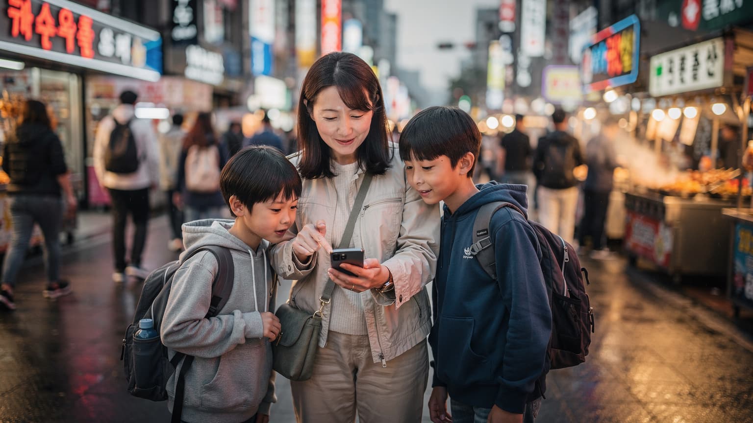 ソウルの賑やかな明洞の通りで、母親が子どもと一緒にスマートフォンを見て次に行く場所を探している様子。周囲には屋台やネオンサインが見える。