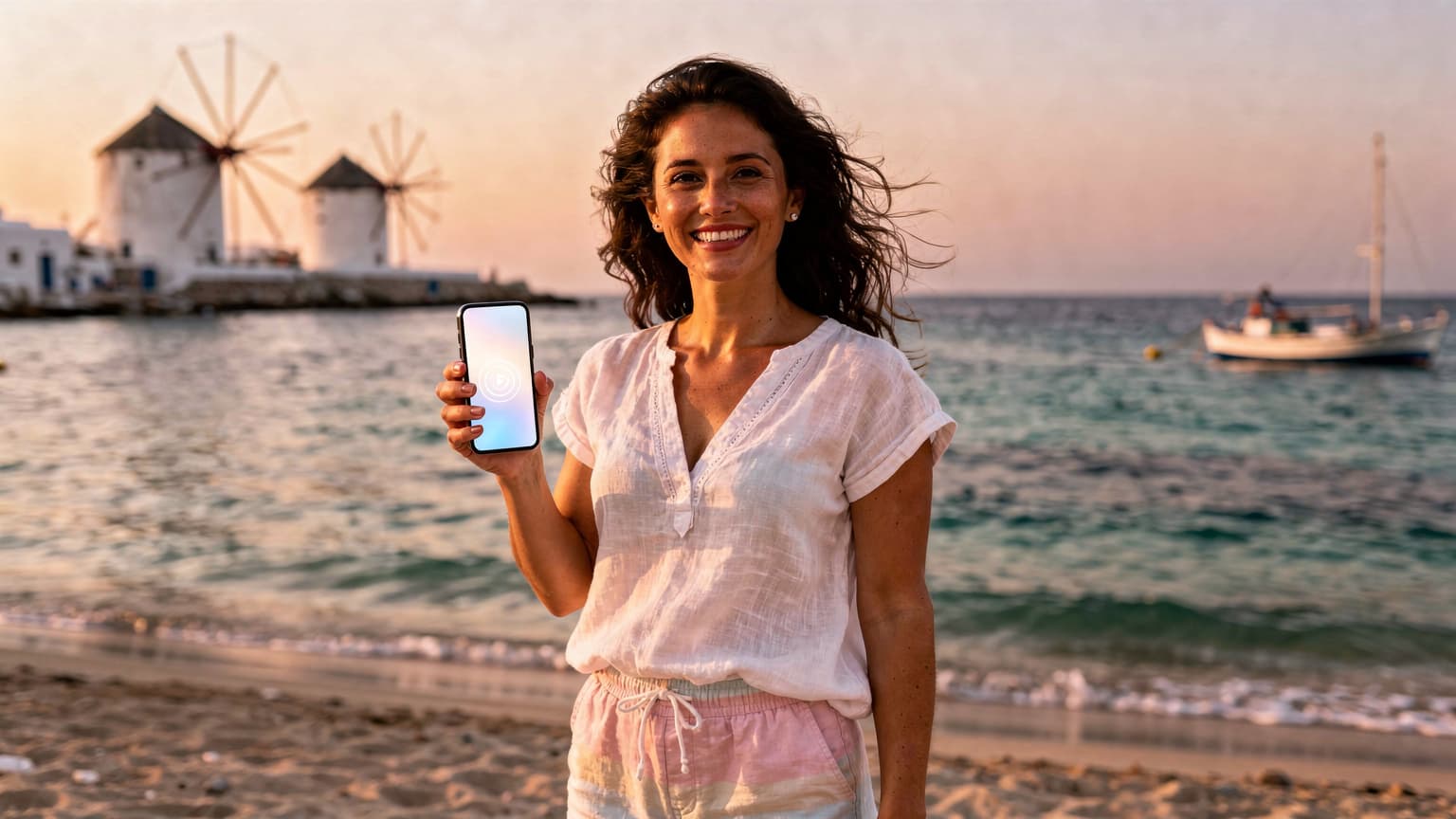 Una donna italiana sorride mentre tiene il suo smartphone con un'eSIM attiva, sullo sfondo le acque cristalline di una spiaggia greca al tramonto, con piccole barche ormeggiate in lontananza e le tipiche case bianche.