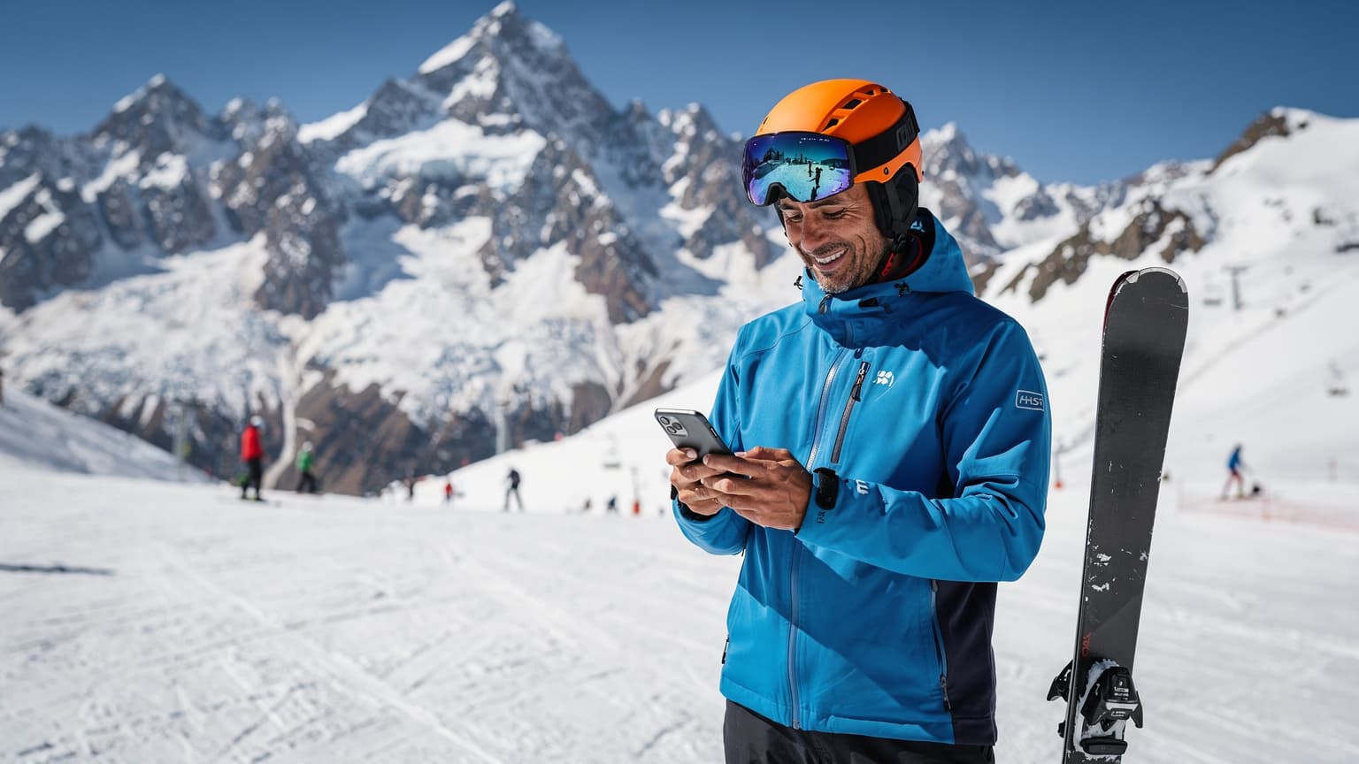 Un esquiador sonriendo mientras revisa su teléfono en la cima de una pista de esquí en los Andes chilenos, con montañas nevadas y un cielo azul vibrante de fondo.
