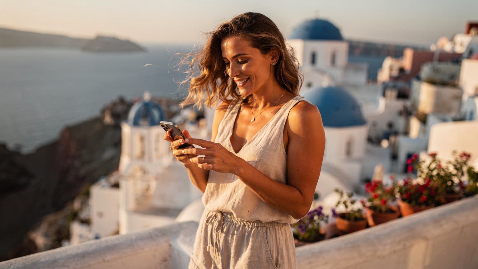 O femeie zâmbește în timp ce își consultă telefonul inteligent, având pe fundal casele albe și albastre specifice orașului Oia din Santorini, Grecia, în timpul unei după-amiezi însorite.