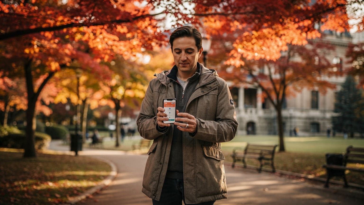 A traveler holding a smartphone, looking at a digital map while standing among vibrant red and orange autumn leaves in a European park, with historic buildings in the background.