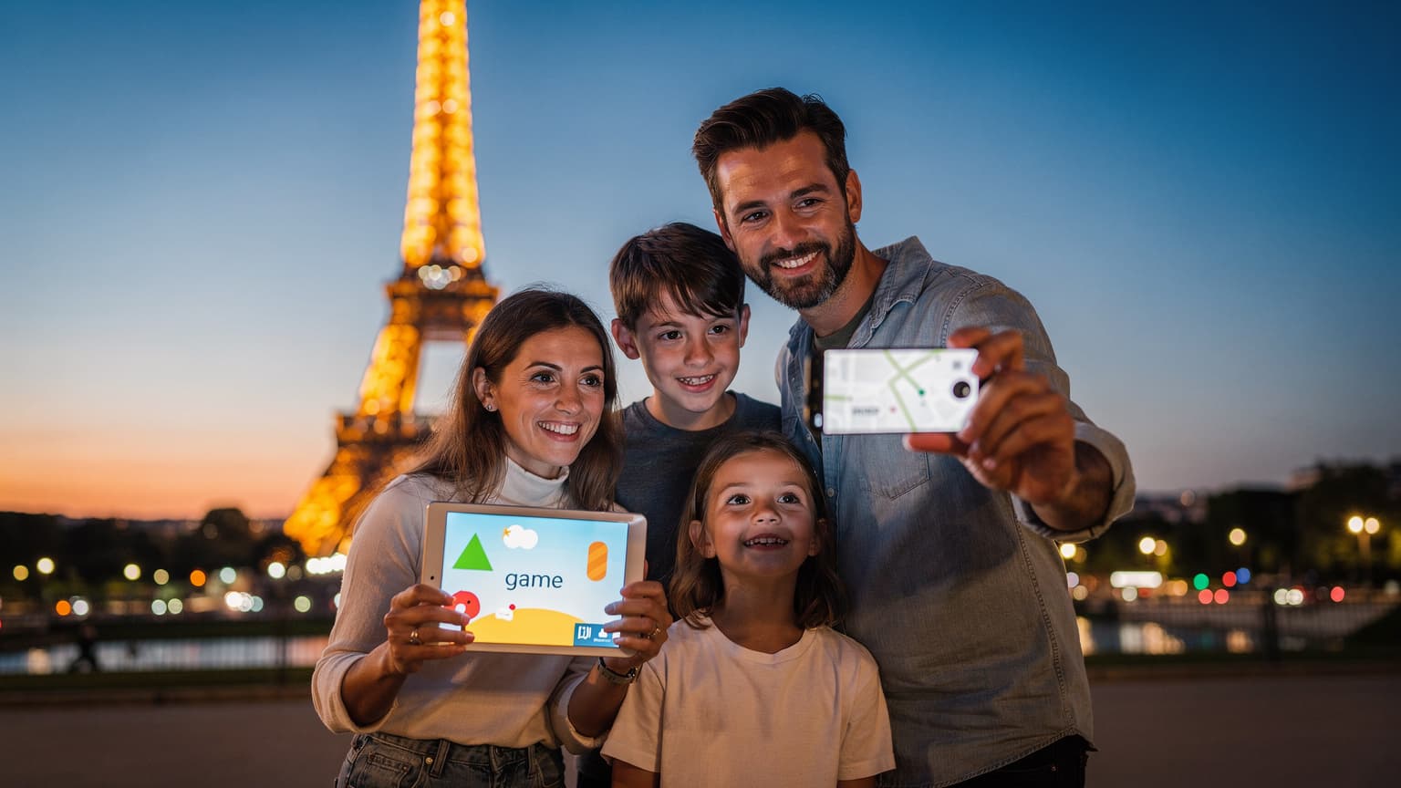 Une famille avec deux enfants, un garçon et une fille, souriant devant la Tour Eiffel illuminée au crépuscule, le père tenant un smartphone affichant un plan de Paris et la mère aidant la fille avec son iPad, le tout dans une ambiance joyeuse et connectée.