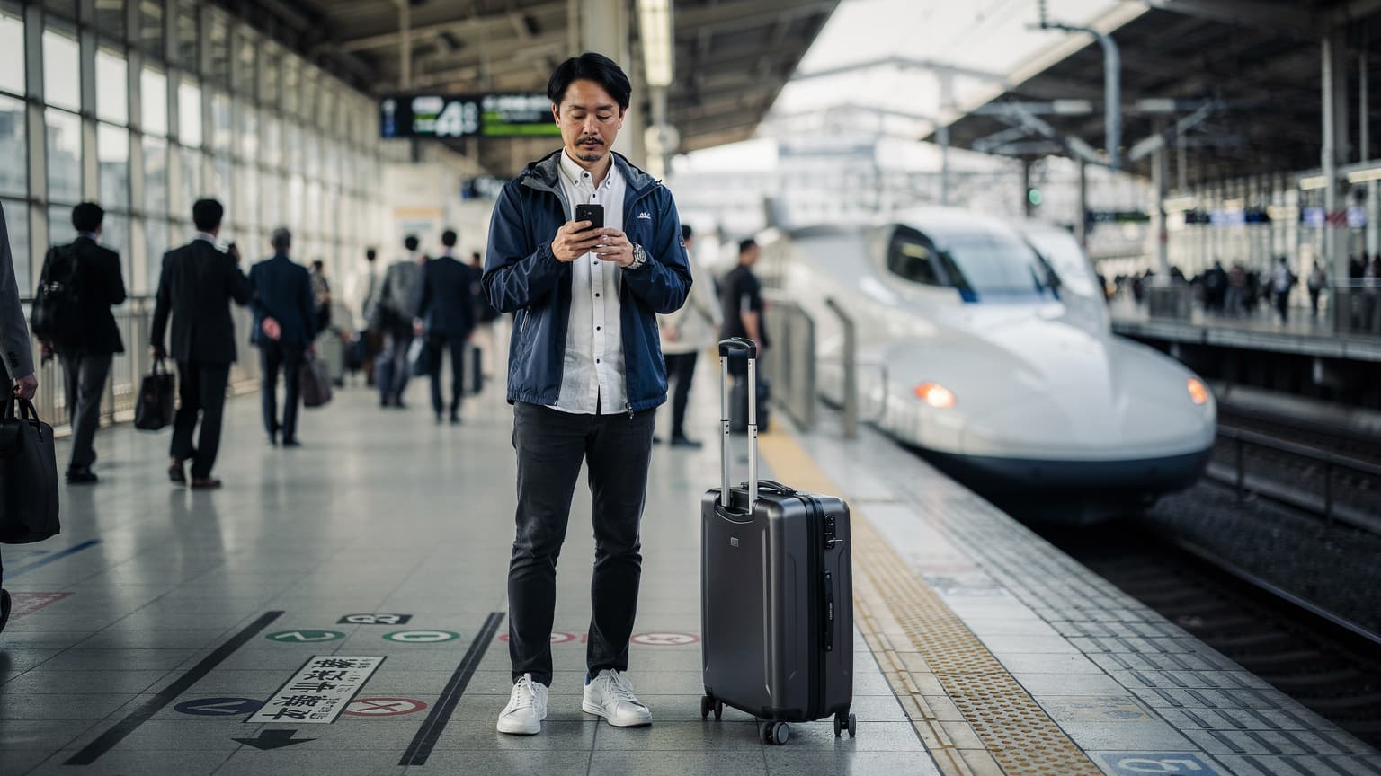 東京駅の新幹線ホームで、スーツケースを横にスマートフォンでeSIMの設定を確認する日本人男性旅行者。
