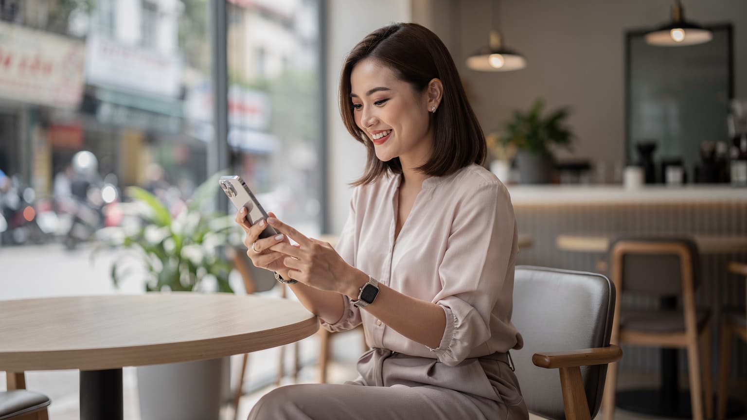 Một phụ nữ Việt Nam đang cười, sử dụng iPhone tại một quán cà phê hiện đại ở quận 1, Thành phố Hồ Chí Minh, với ánh sáng ban ngày dịu nhẹ chiếu qua cửa sổ lớn.