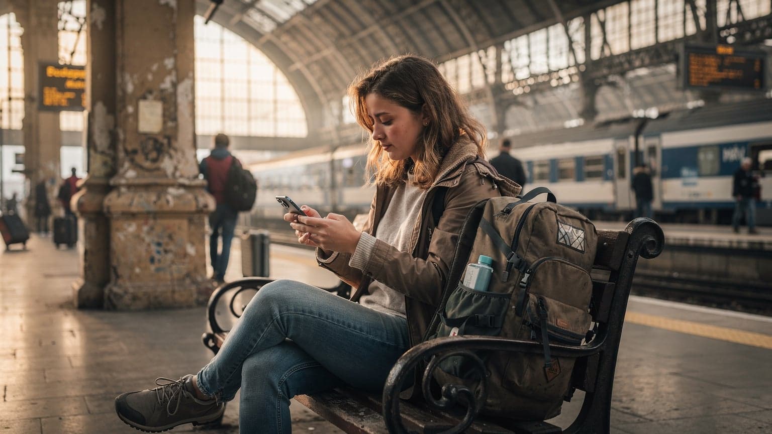 A budget traveler, Sophie Clarke, checks her iPhone 18's eSIM settings on a bustling train platform in Budapest, Hungary, with a worn backpack at her feet.