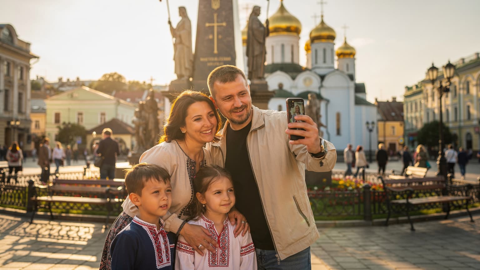 Українська родина святкує Хрещення Русі-України 2026, роблячи відеодзвінок через смартфон, у руках батька, на тлі історичного пам'ятника в Києві, освітленого м'яким вечірнім сонцем.