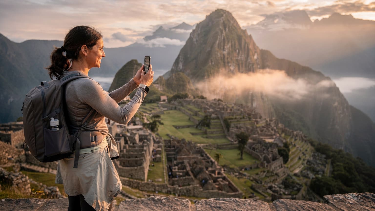 Una viajera sonriendo mientras toma una fotografía del amanecer sobre Machu Picchu con su smartphone, la ciudadela inca se extiende majestuosamente debajo de ella.