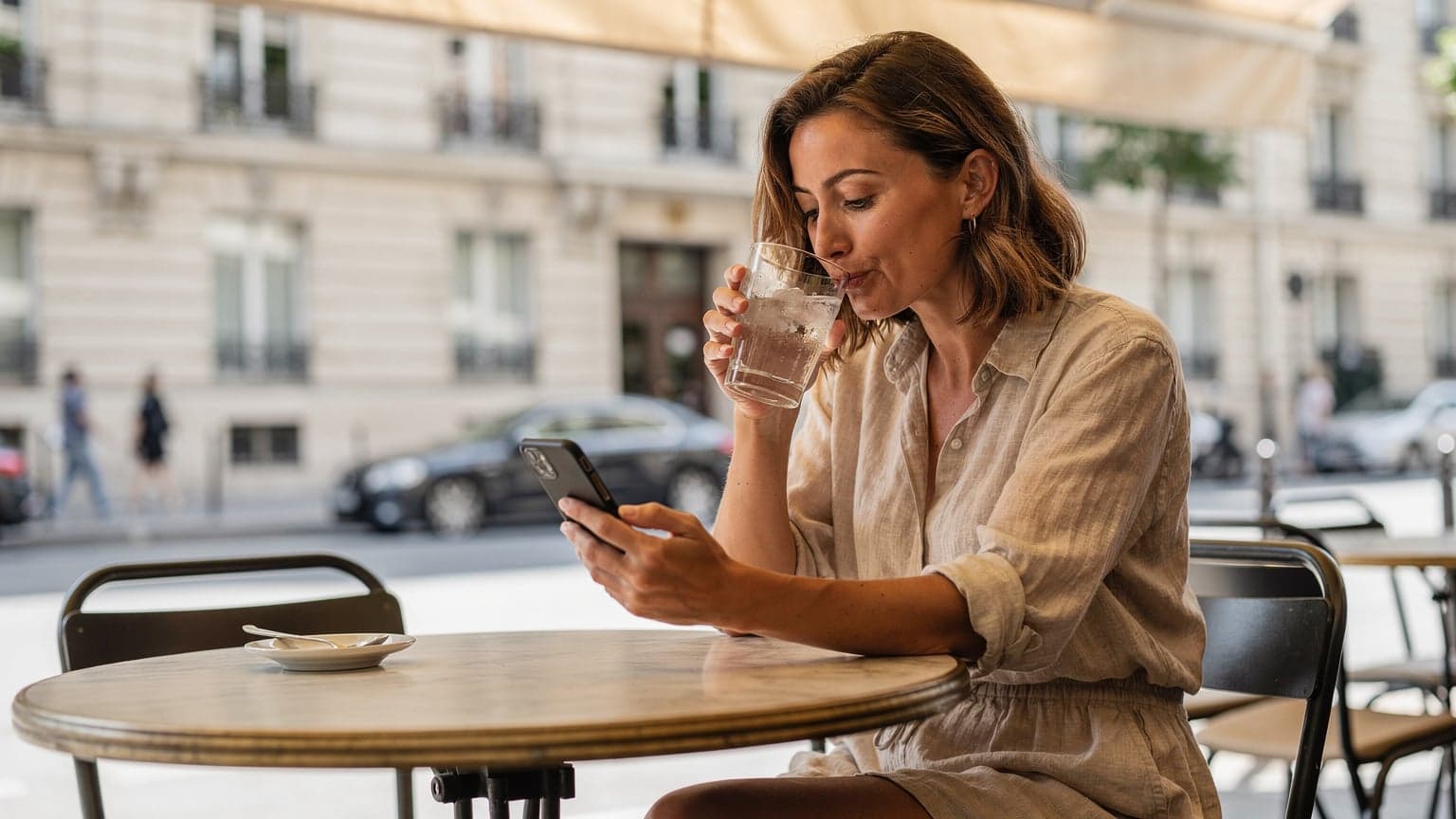 Eine Frau in leichter Sommerkleidung sitzt in einem schattigen Pariser Café, während sie auf ihrem Smartphone eine Wetter-App prüft, im Hintergrund verschwimmt eine belebte Straße.