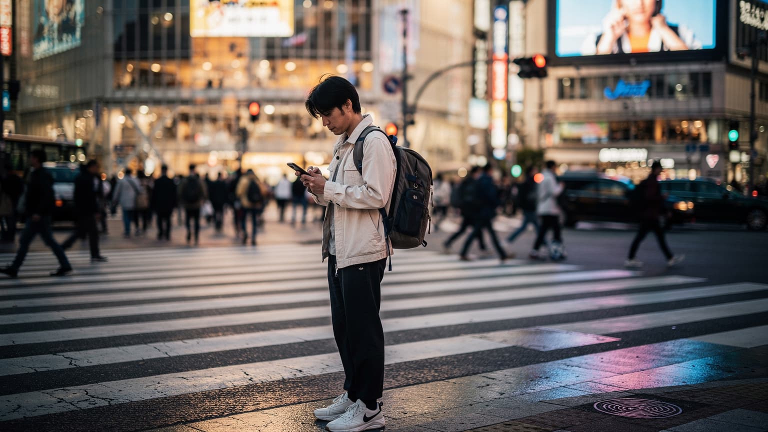 東京の渋谷スクランブル交差点で、スマートフォンを操作する旅行者の横顔。背景にはネオンサインと人々が行き交う活気ある夜景が広がる。