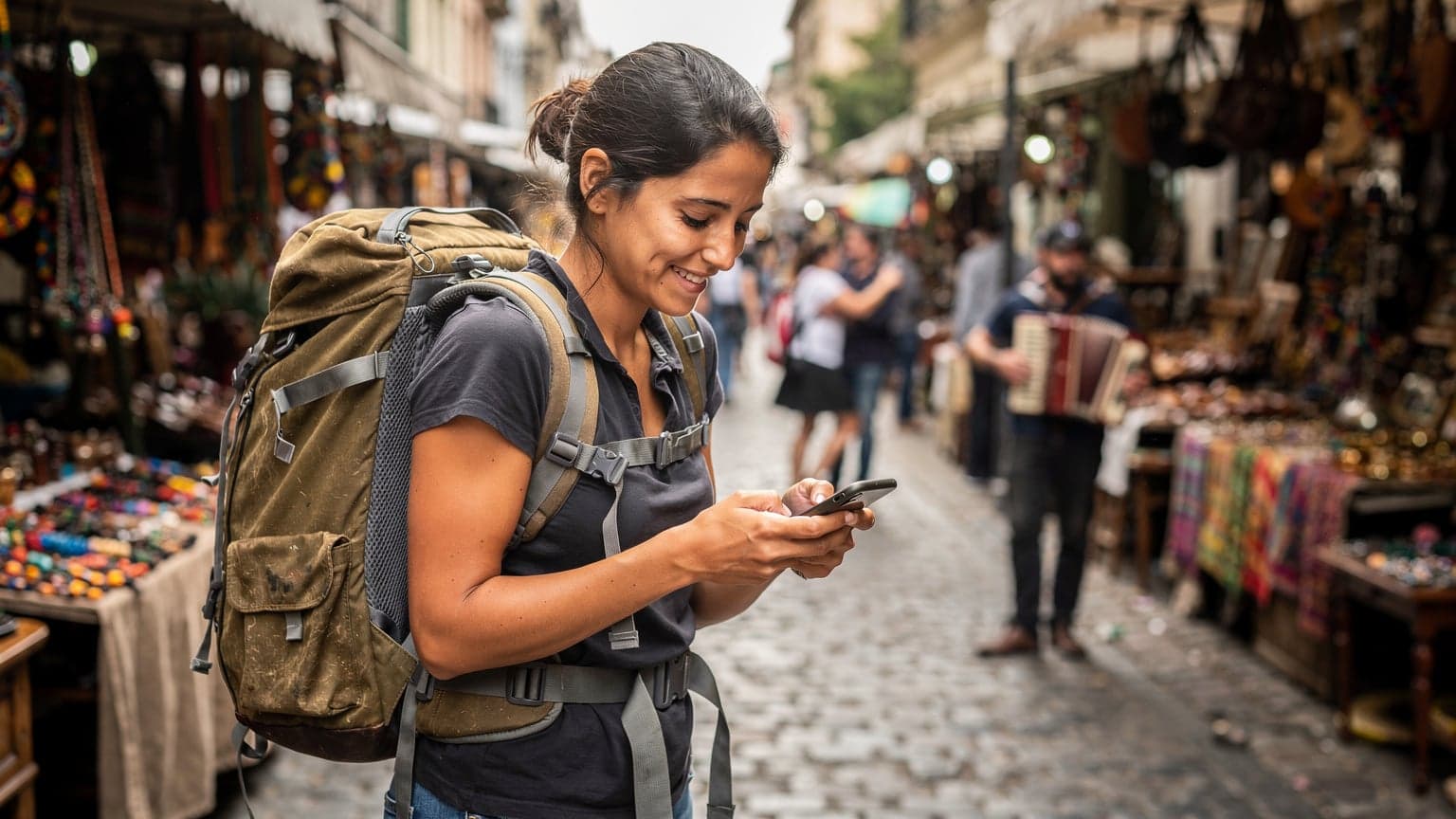 A woman confidently uses her smartphone to check messages while navigating a bustling street market in Buenos Aires, her backpack slightly askew.