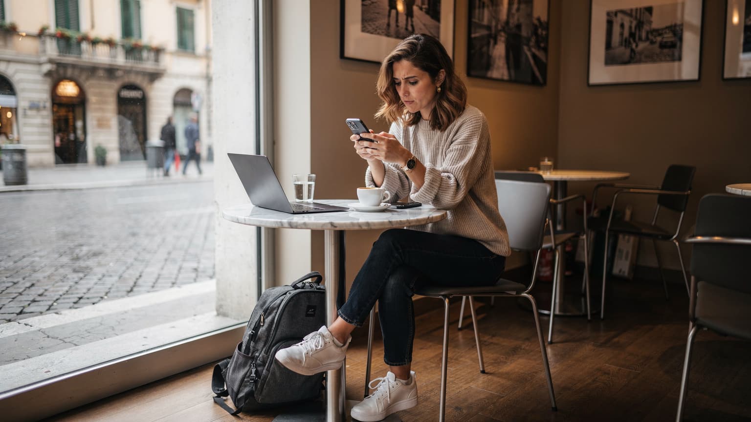 Una donna seduta in un caffè milanese, con un laptop e uno smartphone sul tavolo, controlla le notifiche dopo un viaggio, con la borsa da viaggio accanto.