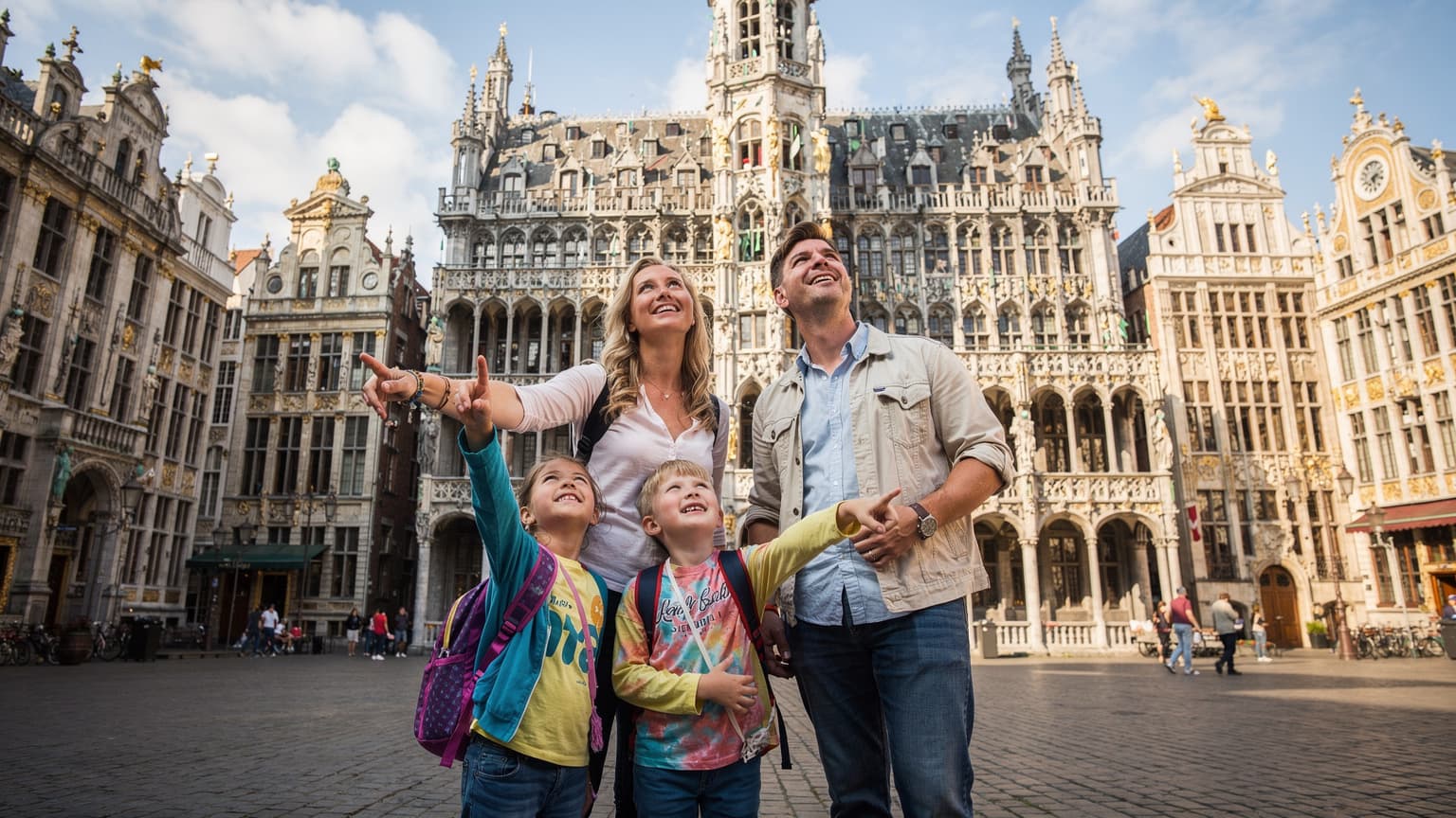 A family with two children, aged around 8 and 10, standing in front of the Grand Place in Brussels, Belgium, looking up at the historic guildhalls with expressions of awe and wonder on a sunny afternoon.