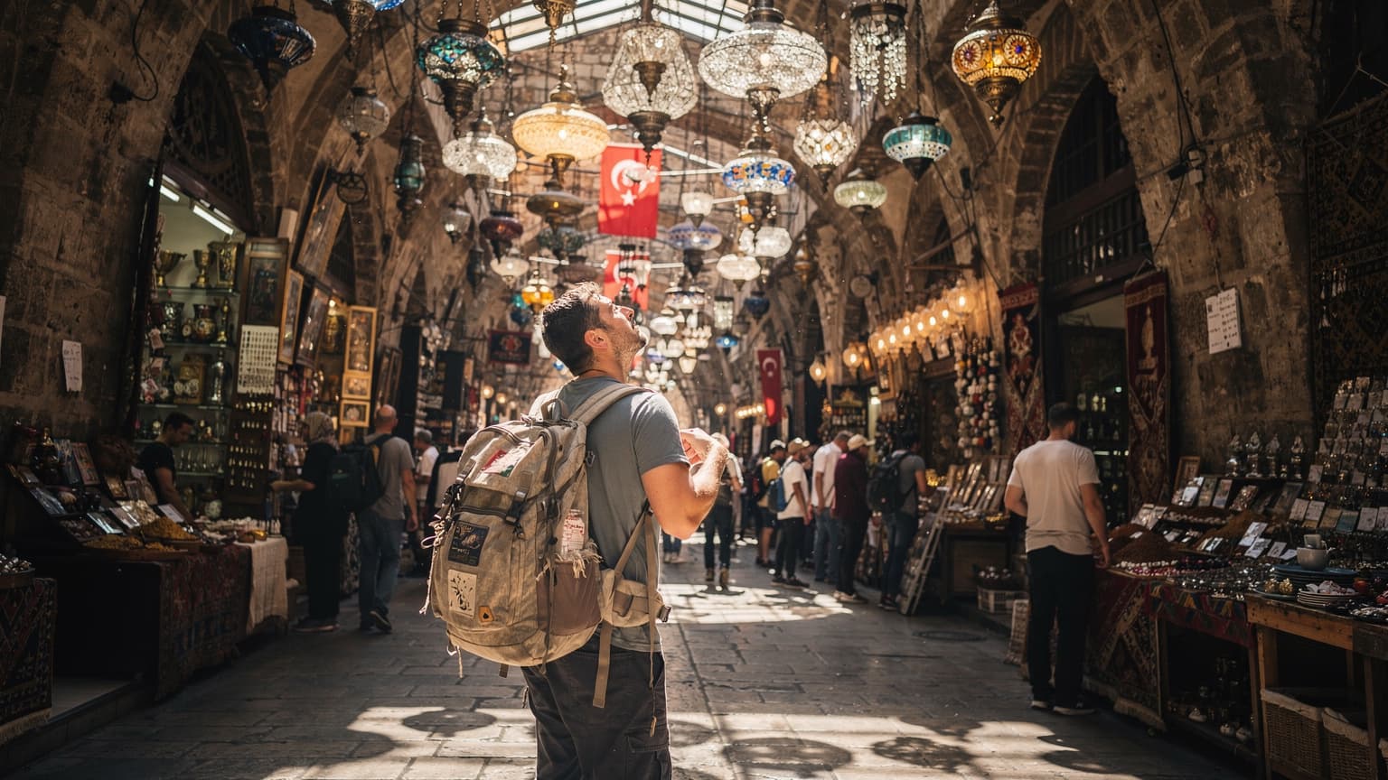 İstanbul'da tarihi Kapalı Çarşı'nın kalabalık bir sokağında, güneşte parıldayan el yapımı lambaların önünde, sırt çantasıyla yürüyen bir gezgin.