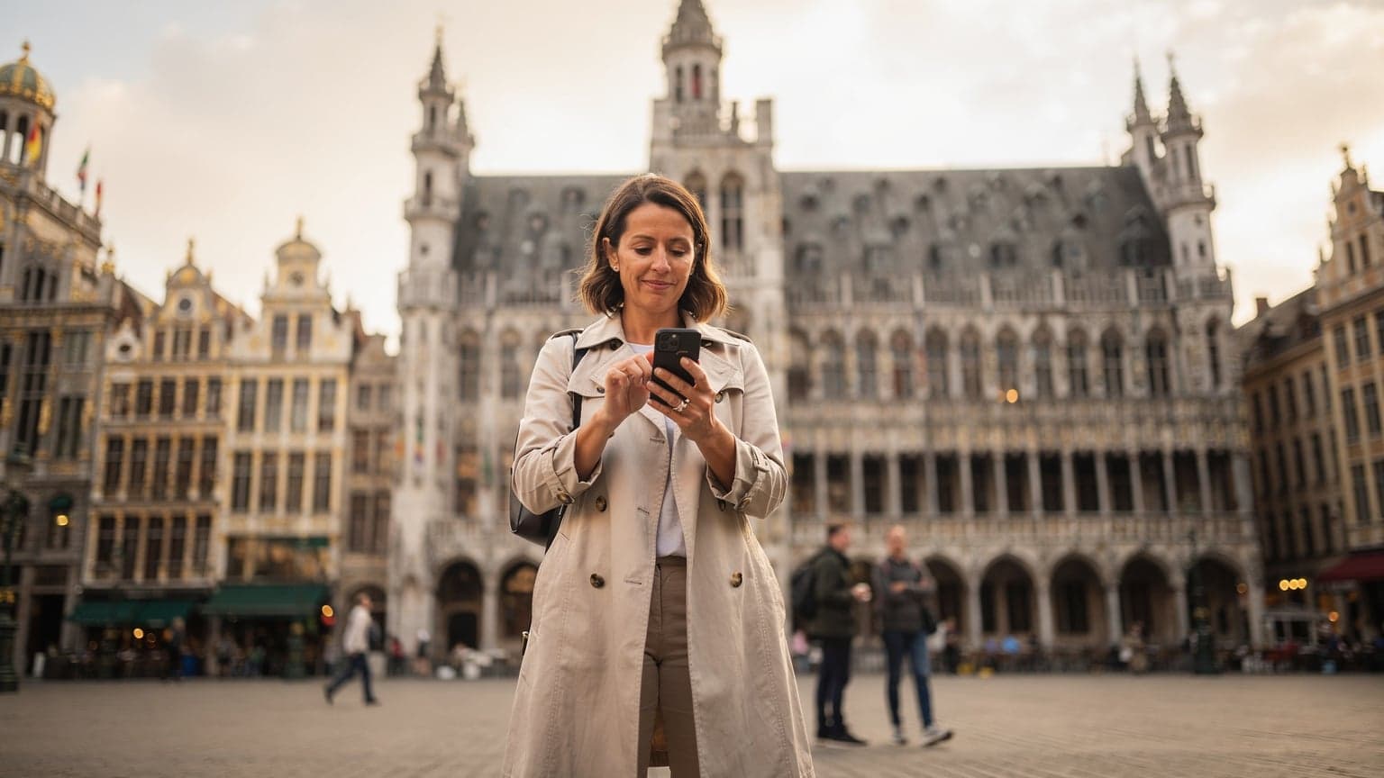 A seasoned female traveler checking her phone for directions amidst the bustling Grand Place in Brussels, Belgium, under a clear afternoon sky.