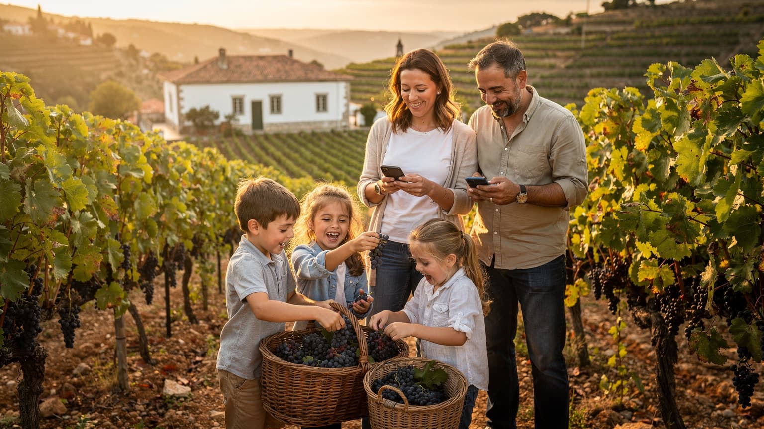 Uma família, pai, mãe e duas crianças, colhendo uvas em um vinhedo ensolarado no Vale do Douro, Portugal, com telefones em suas mãos para fotos.