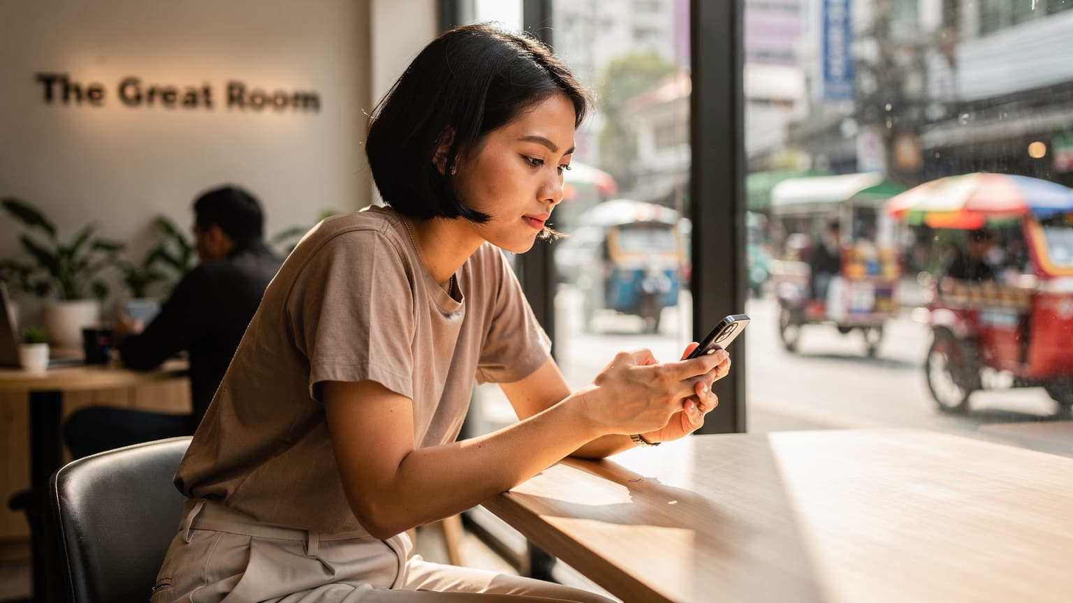 Seorang pelancong menggunakan ponselnya untuk memeriksa eSIM di sebuah kafe modern yang ramai di Bangkok, dengan latar belakang jalanan kota yang sibuk.