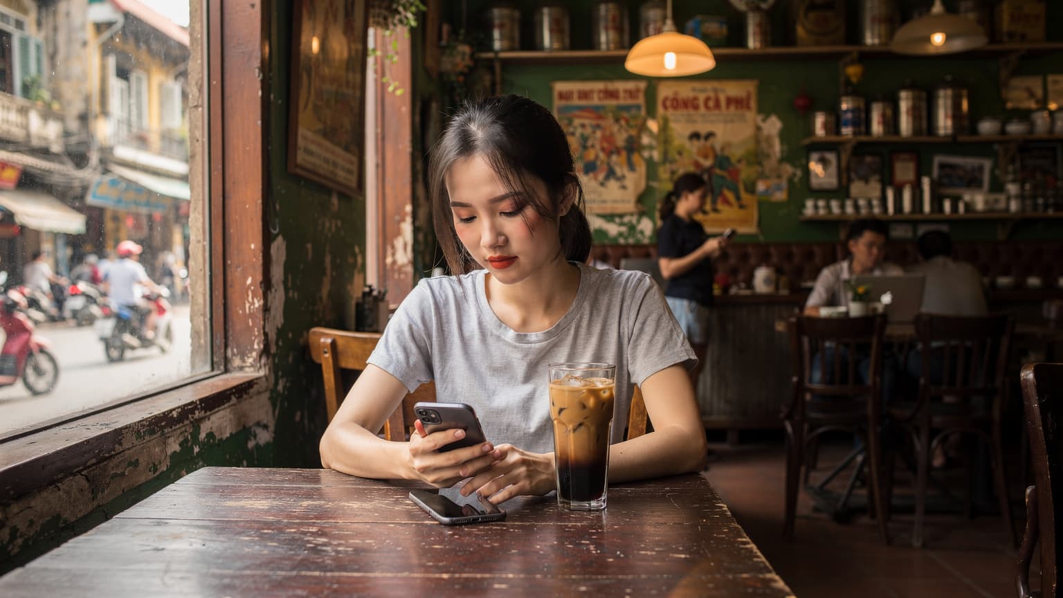 Một người phụ nữ trẻ đang ngồi tại quán cà phê Cộng Cà Phê ở Hà Nội, sử dụng điện thoại iPhone X của mình trong khi nhâm nhi cà phê sữa đá, khung cảnh nhộn nhịp của phố phường qua cửa sổ.