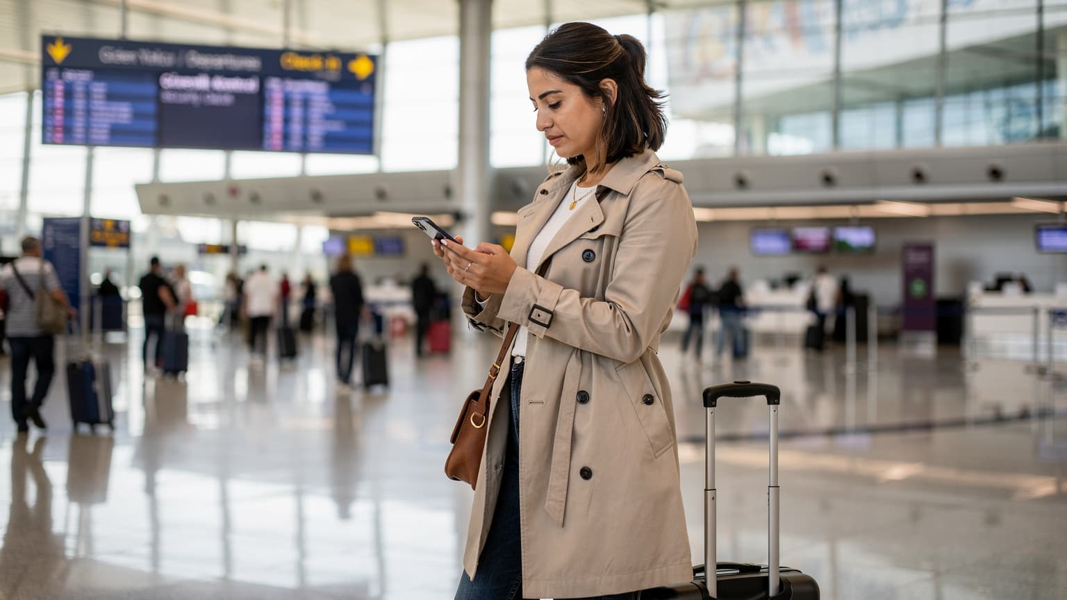 İstanbul Havalimanı dış hatlar terminalinde, elinde akıllı telefonuyla Cellesim eSIM aktivasyon adımlarını kontrol eden bir yolcu, arka planda uçağına biniş kapısını gösteren tabelalar.