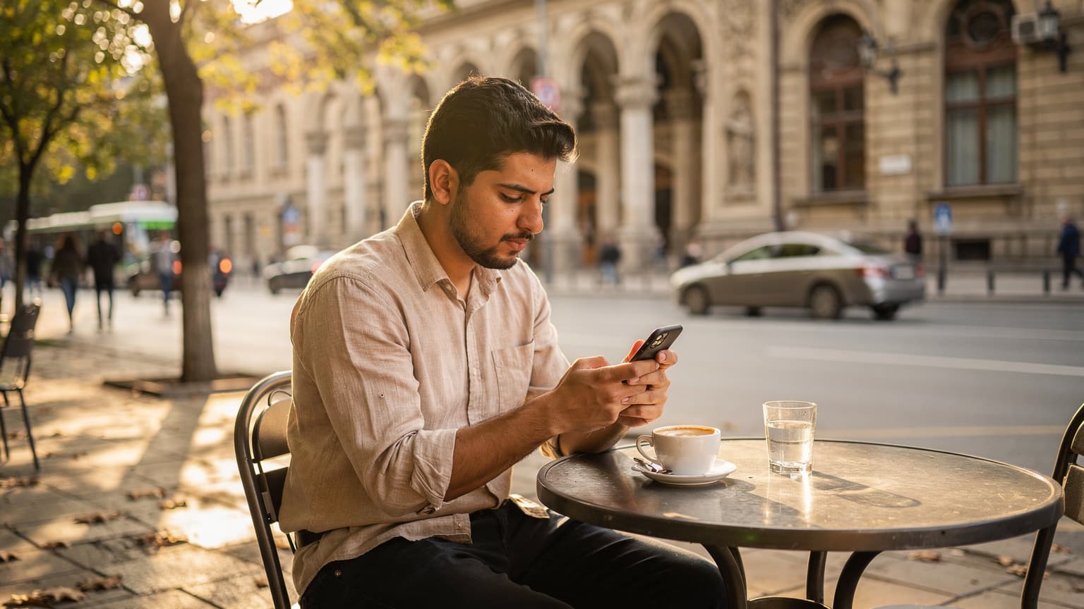 شاب عربي يحدق في هاتفه الذكي بينما يجلس في مقهى مزدحم في شارع روستافيلي في تبليسي, جورجيا, مع واجهة مبنى تاريخي في الخلفية.