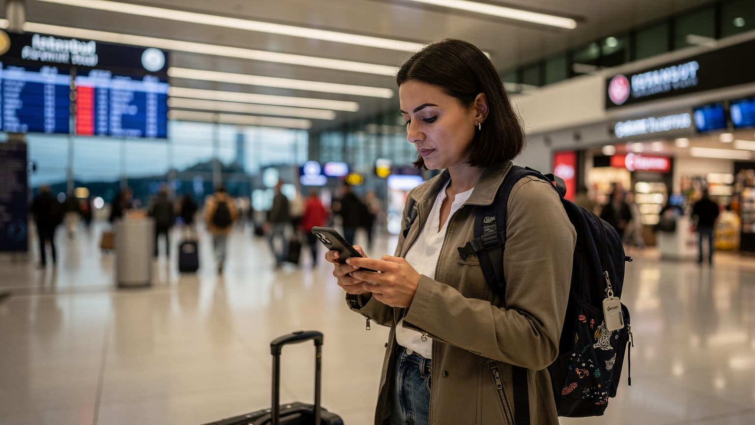 İstanbul Havalimanı dış hatlar terminalinde, pasaport kontrolünden yeni geçmiş, elinde bavulu ve akıllı telefonuyla bir kadın, telefon ekranına bakarak eSIM kurulumu yapıyor.