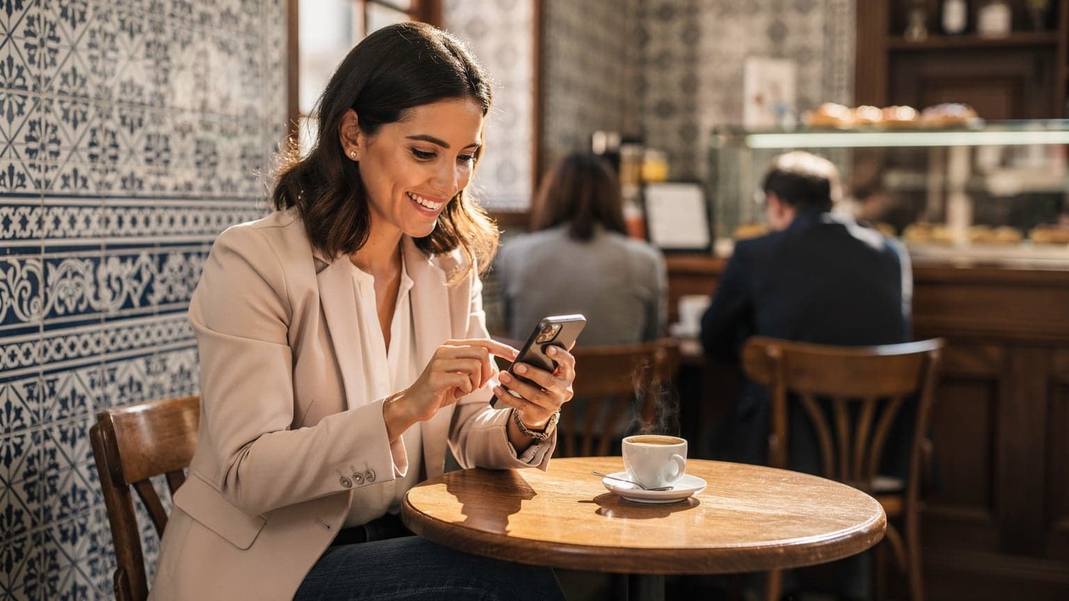 Uma mulher sorridente, com cerca de 30 anos, usa o seu novo iPhone 19 num café tradicional com azulejos em Lisboa, enquanto planeia a sua rota no bairro da Baixa, com uma bica (café expresso) ao lado.